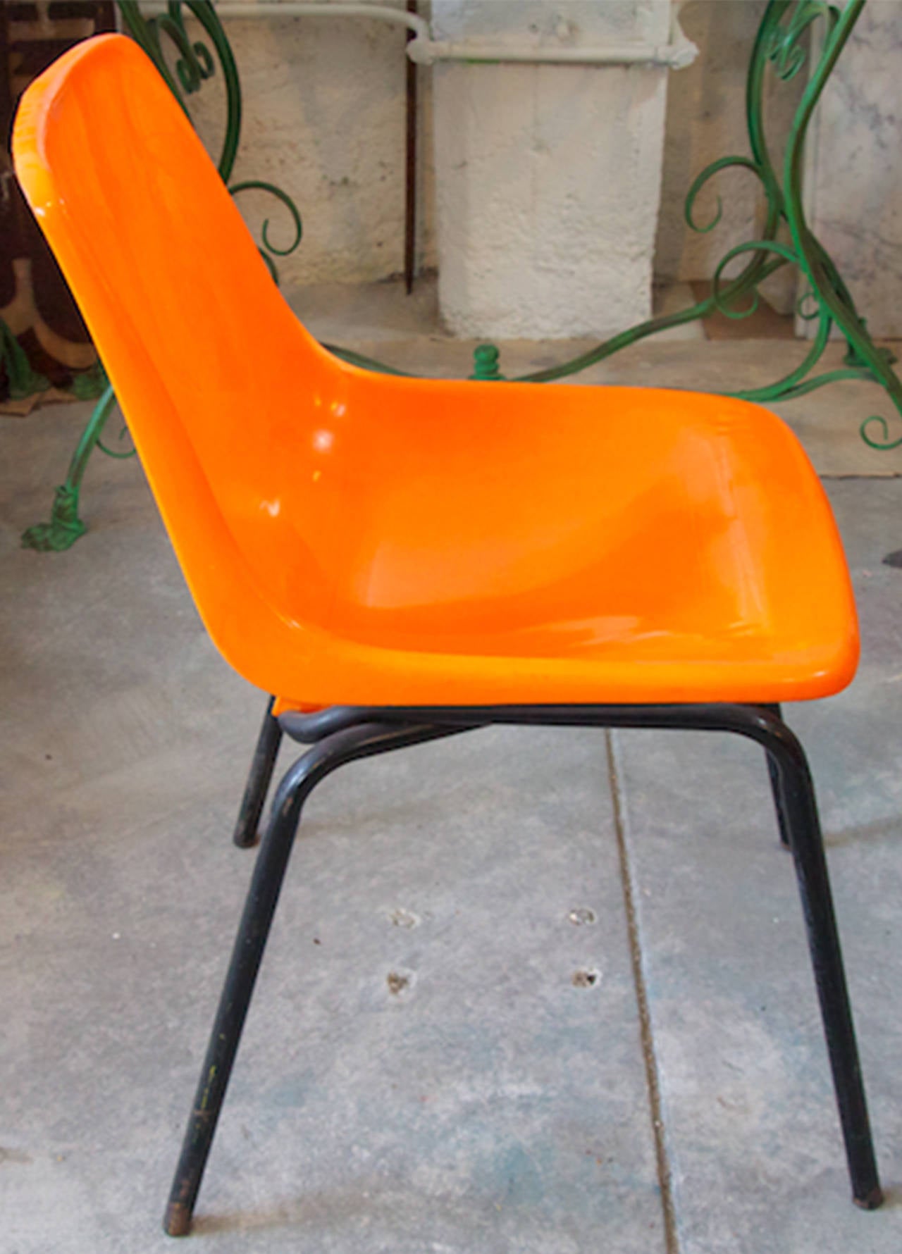 Painted Set of 12 Mid Centruy Orange Plastic and Metal Chairs