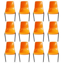 Set of 12 Mid Centruy Orange Plastic and Metal Chairs