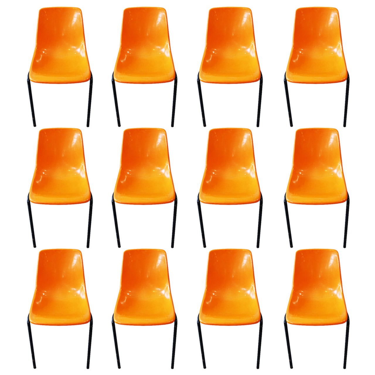 Set of 12 Mid Centruy Orange Plastic and Metal Chairs