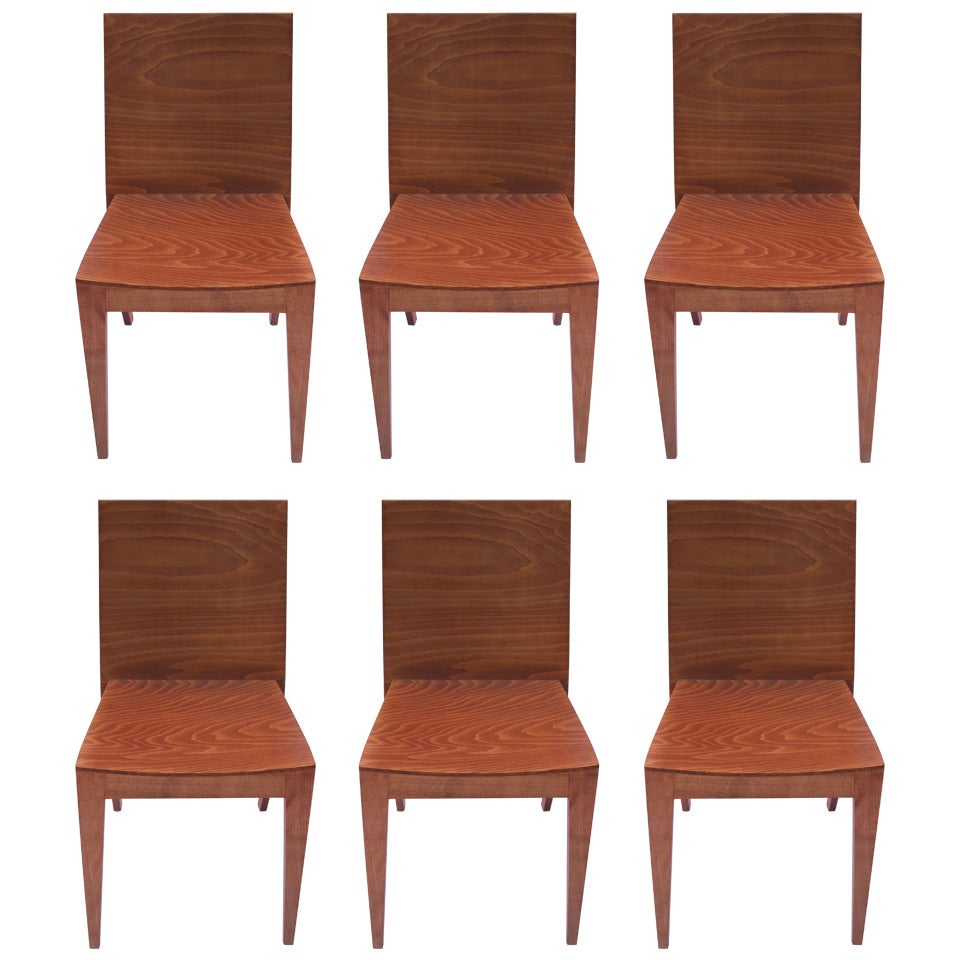 Set Of 4 French Stained Plywood & Wood Side Chairs