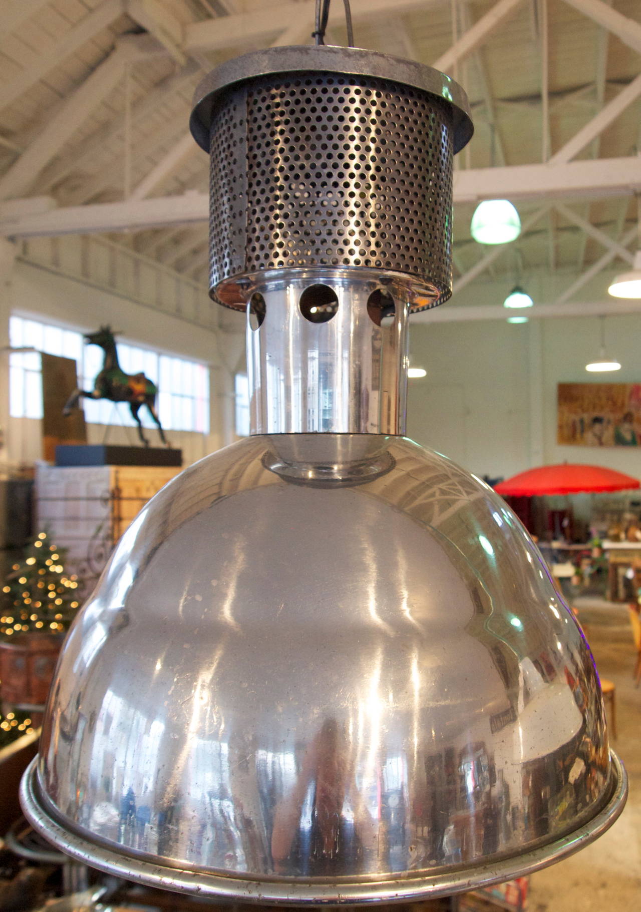 Set of Three Large Industrial Chrome Metal Light Pendants