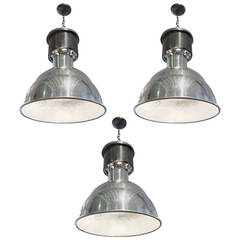 Set of Three Large Industrial Chrome Metal Light Pendants