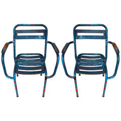 Set of 10 Blue Painted French Bistro/Garden Armchairs