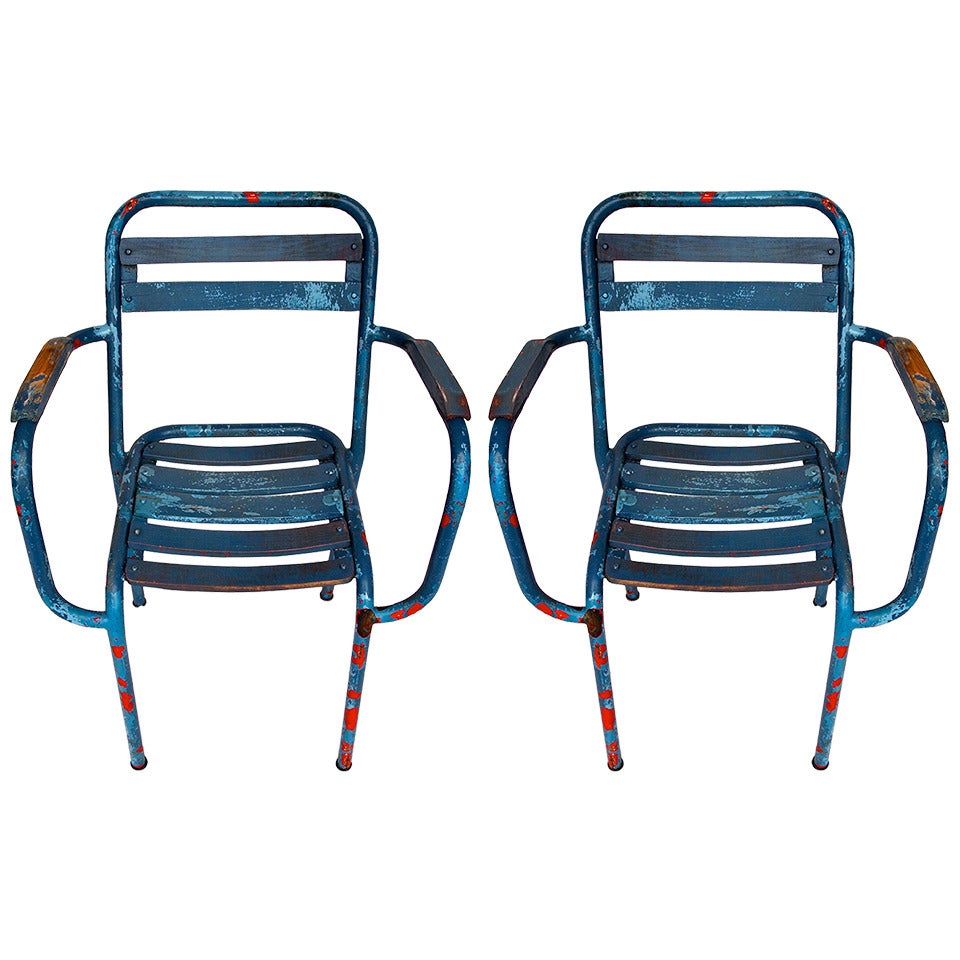 Set of 10 Blue Painted French Bistro/Garden Armchairs