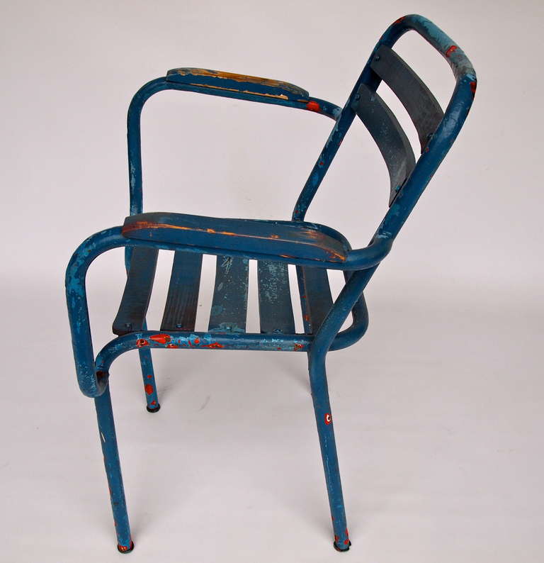 Set of 10 mid-century French blue painted metal & wood bistro/garden armchairs