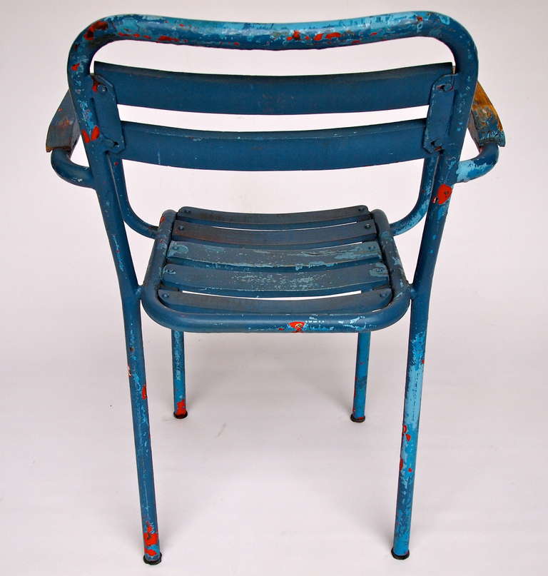 Mid-Century Modern Set of 10 Blue Painted French Bistro/Garden Armchairs