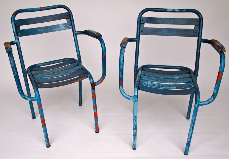 Set of 10 Blue Painted French Bistro/Garden Armchairs In Good Condition In San Francisco, CA