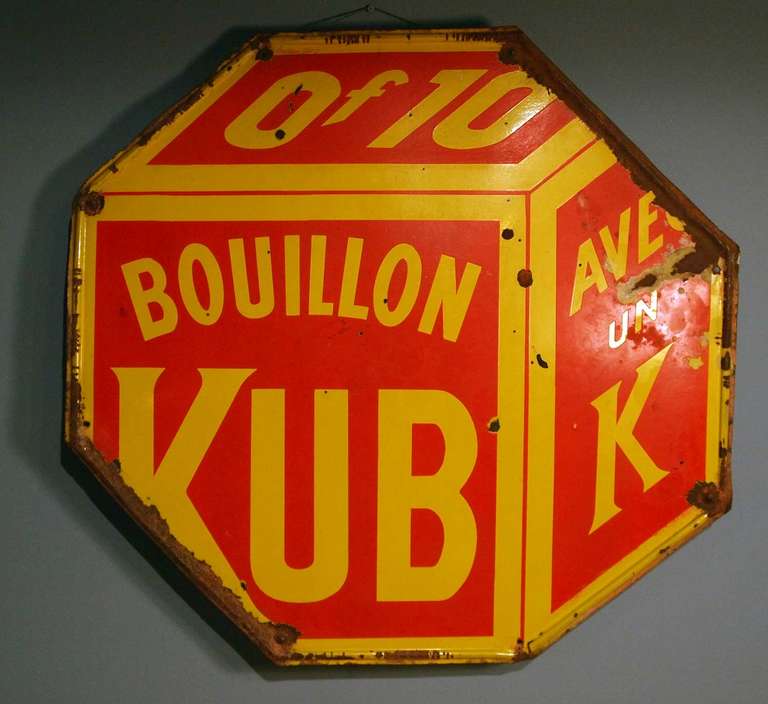 octagon shaped enamel on metal painted advertising for 'Bouillon Kub'  in yellow & red
