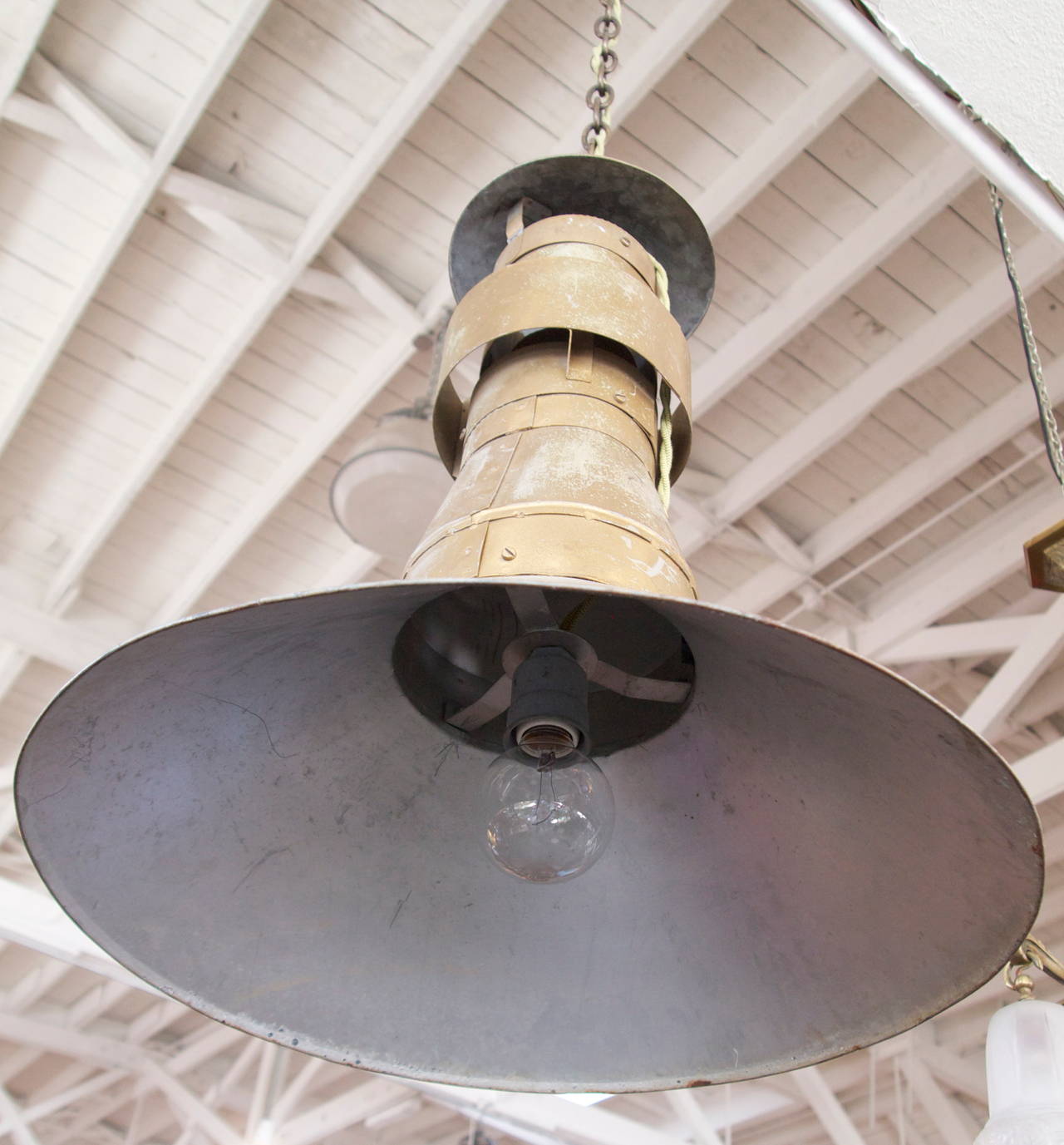 Good looking industrial hanging gas light pendant now electrified with very nice patina,  early 20th C.