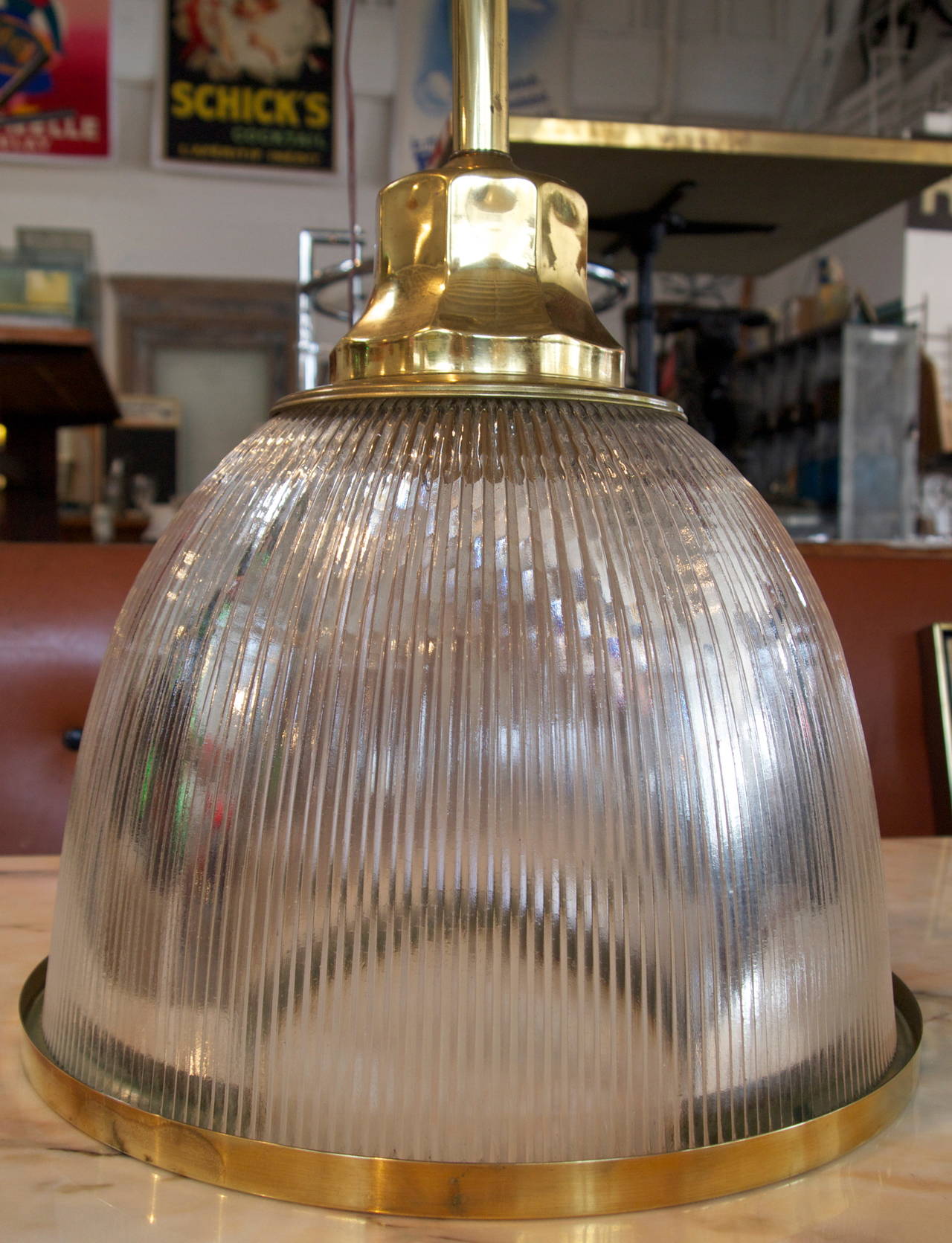 American Large Dome Holophane Glass and Brass Pendant