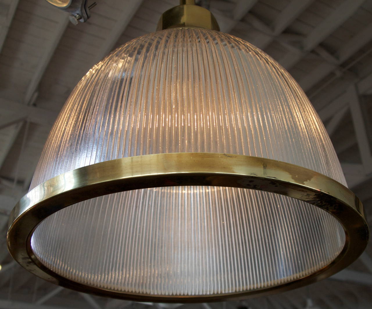 Industrial Large Dome Holophane Glass and Brass Pendant