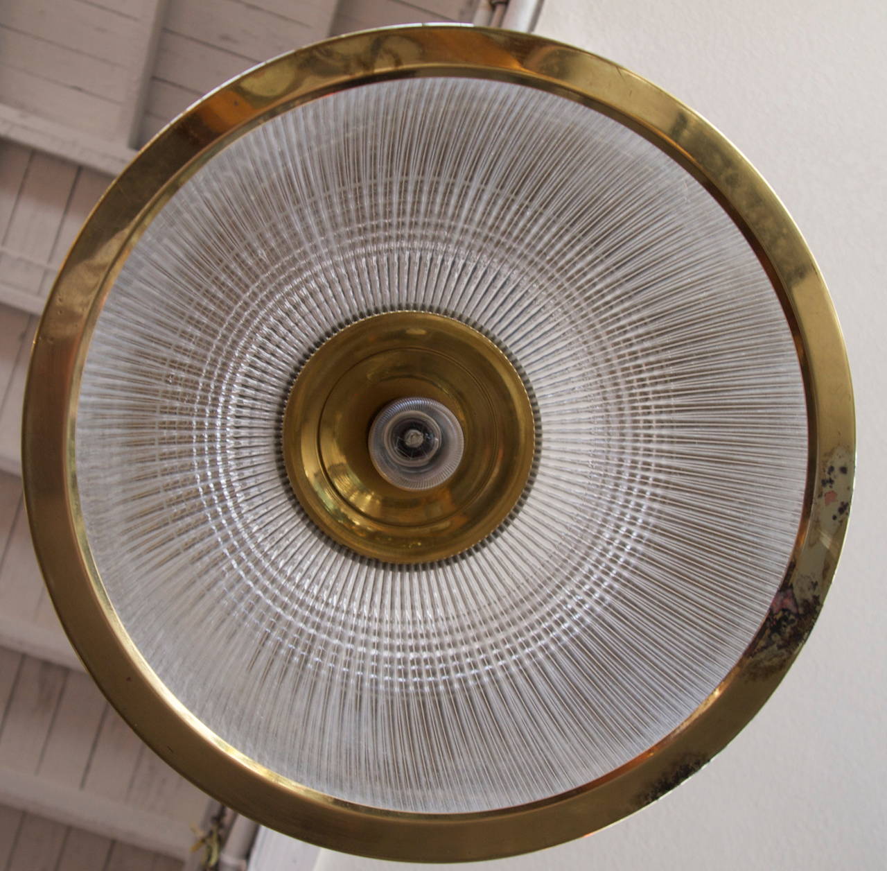 Large Dome Holophane Glass and Brass Pendant