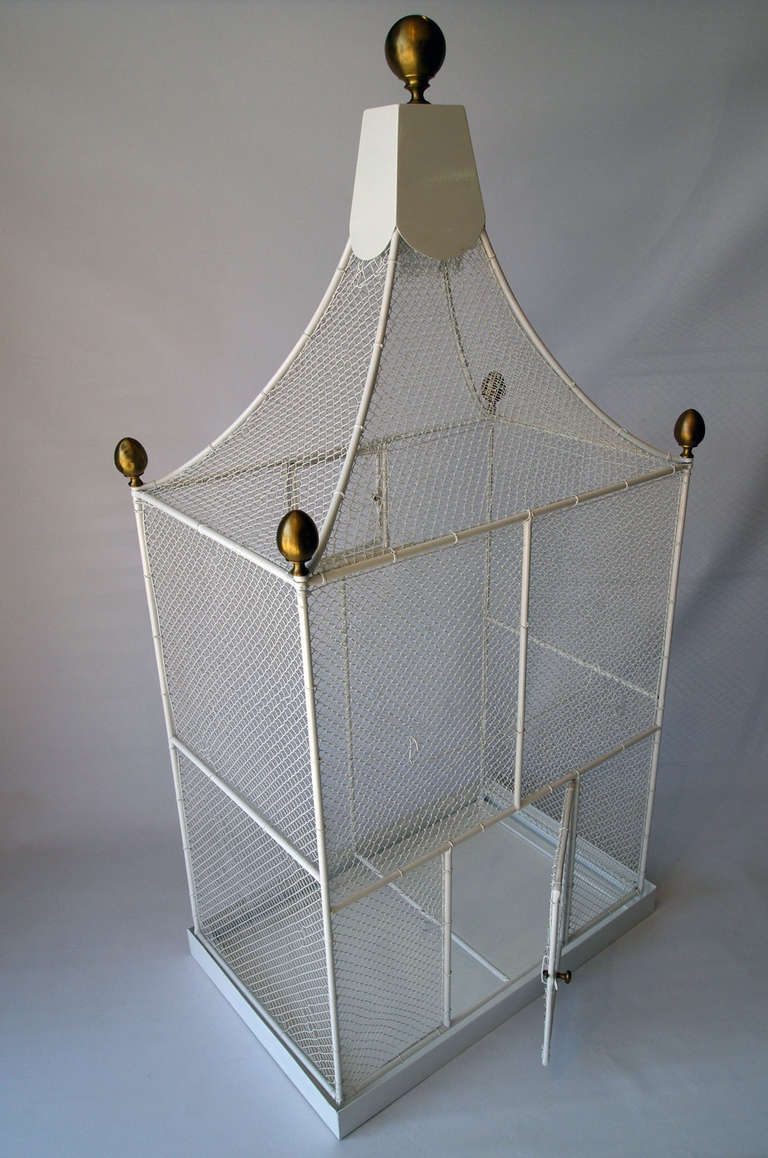 Impressive & large French 2 door birdcage on tray, with graceful architectural roof surmounted by 5 brass finials