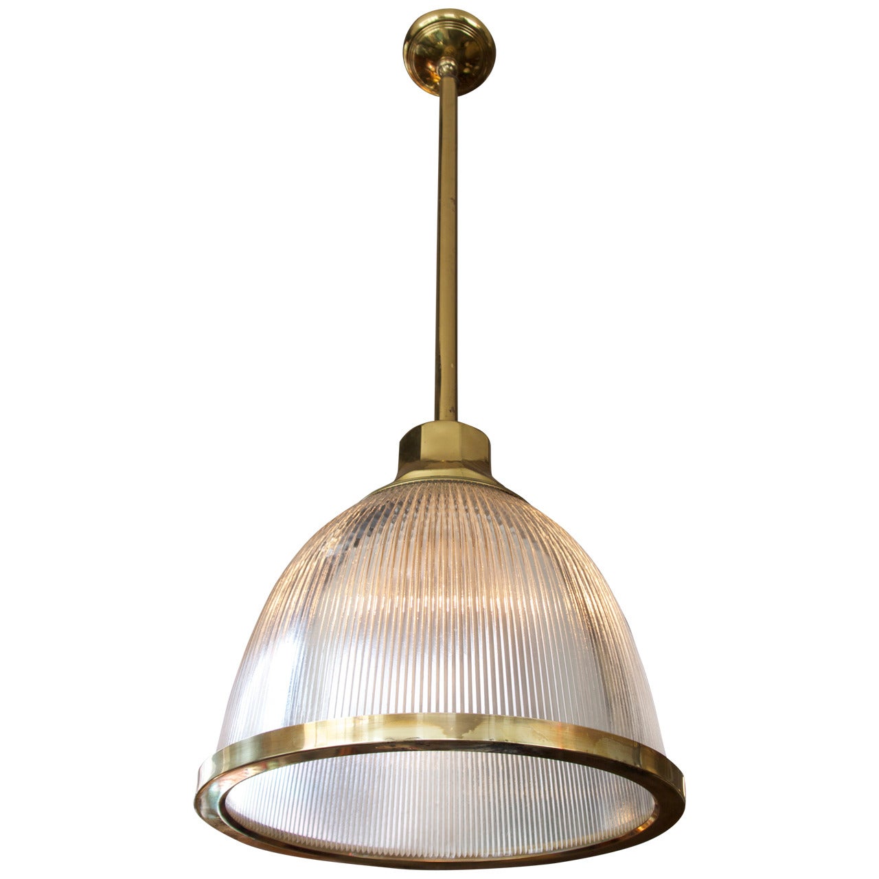 Large Dome Holophane Glass and Brass Pendant