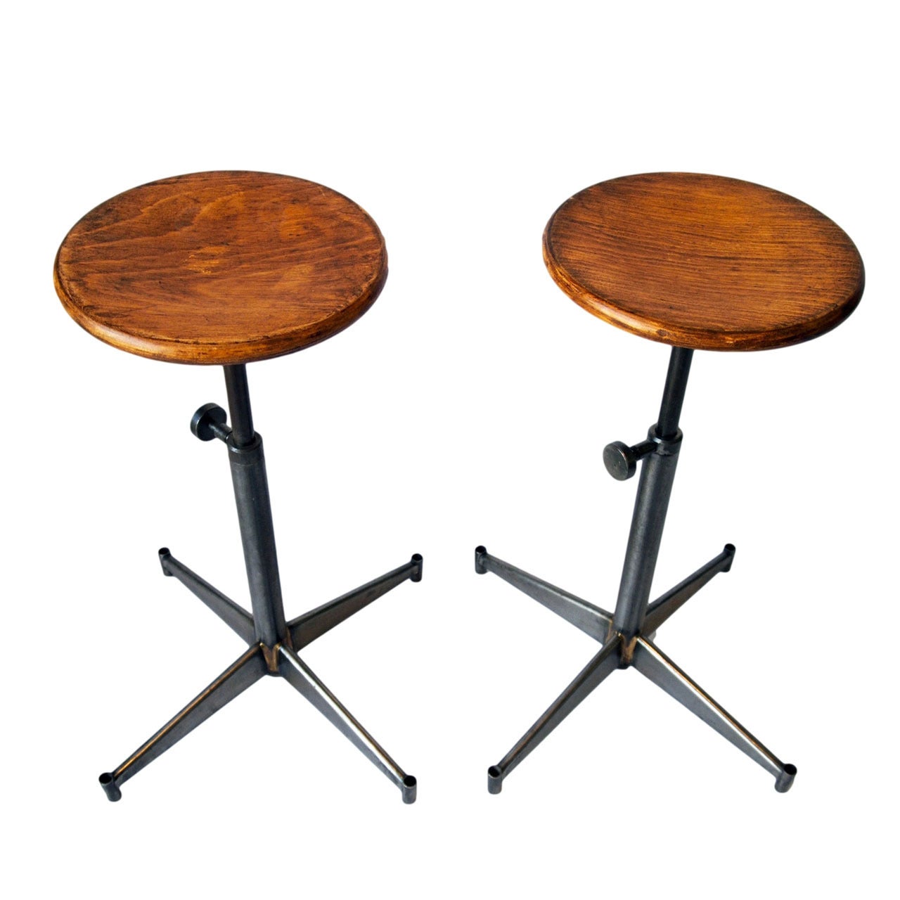 Pair of French Adjustable-Height Industrial Stools