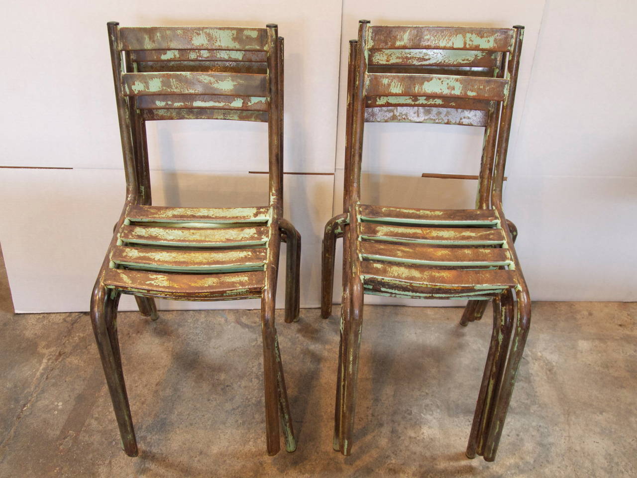 Metal Set of Six French Industrial Bistro Chairs