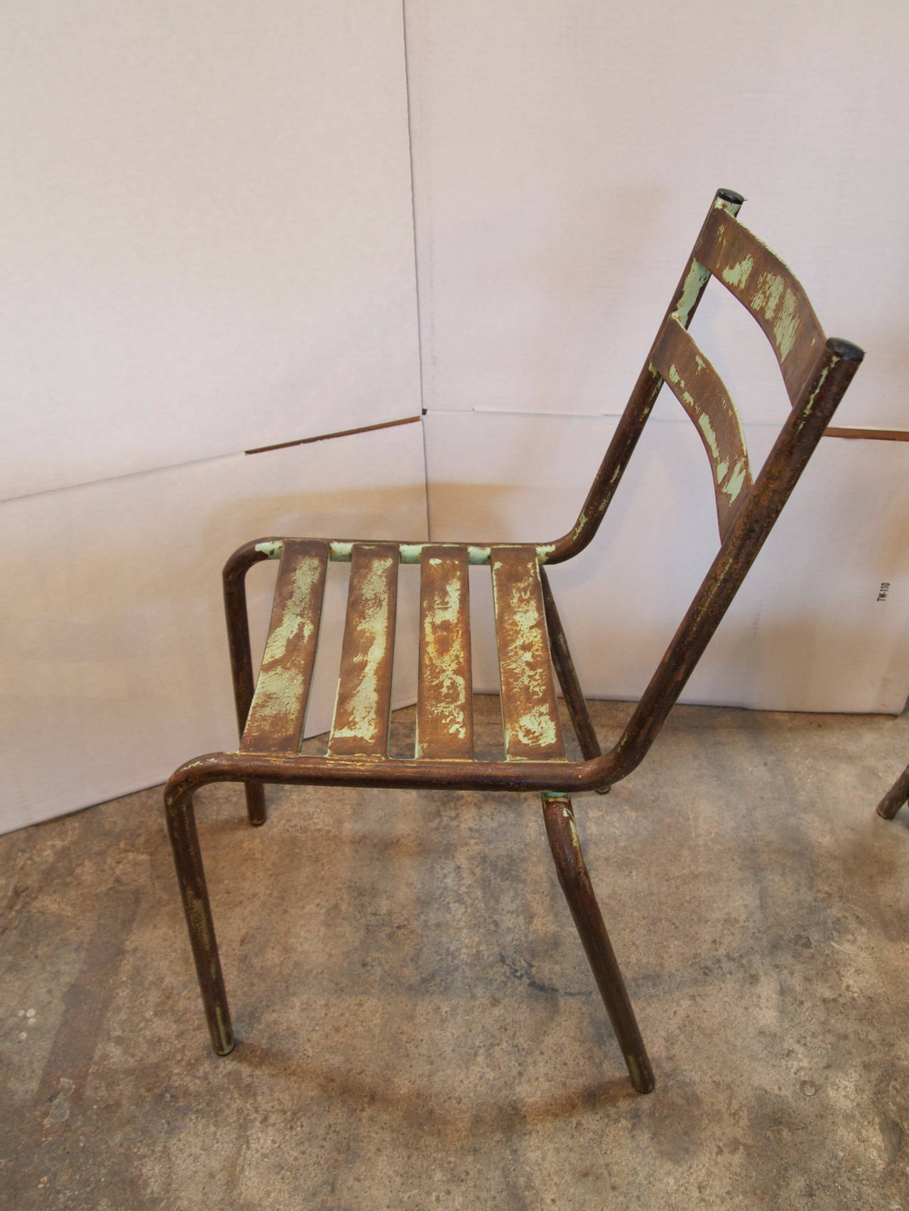Set of 6 French mid-century industrial stripped metal bistro side chairs with nice patina