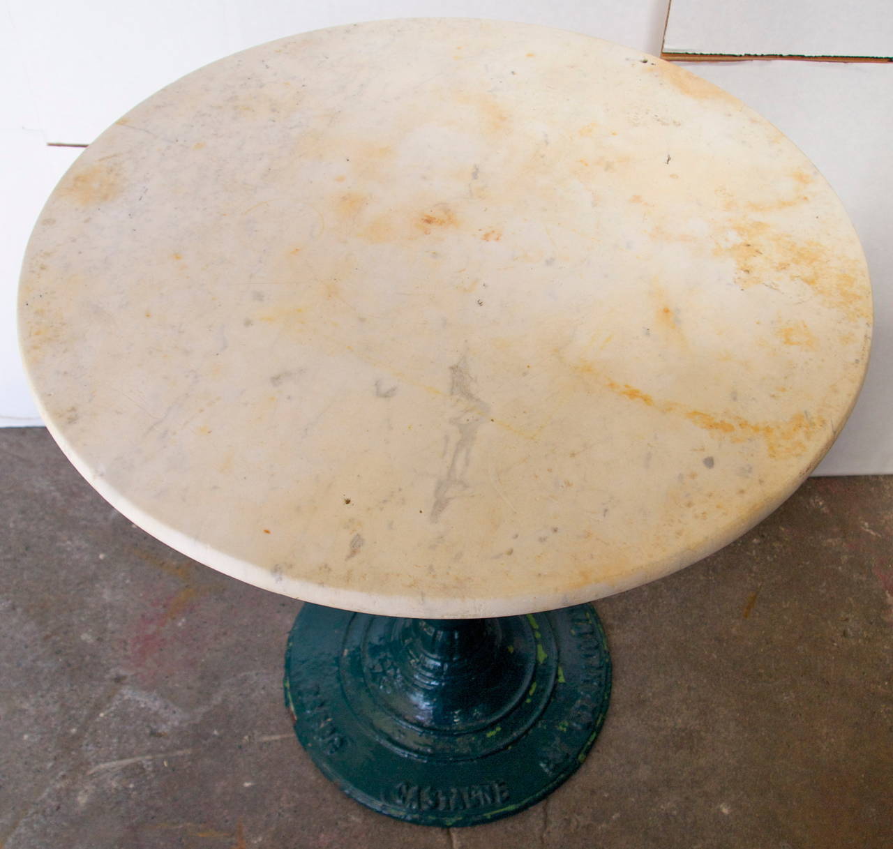 French white marble top on painted cast iron base gueridon bistro table from Toulouse by  J. Castagne & Charlionais
