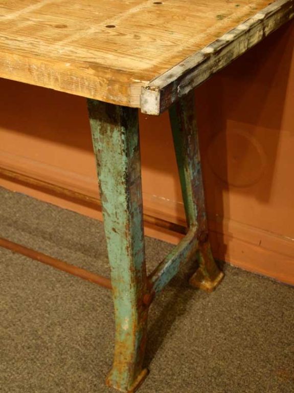 Tall industrial table : green painted iron base - wood top 
Northern France , circa 1900