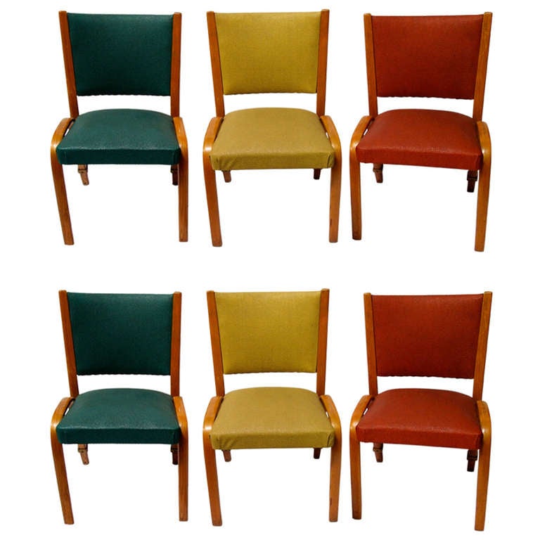 Set of Six Mid Century Upholstered Bentwood Chairs