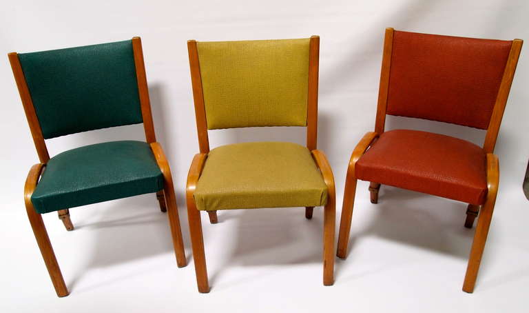 Set of 6 French mid century vinyl upholstered bentwood side chairs.  Pairs of blue, yellow & red for a total of 6 chairs,  with flexible backs