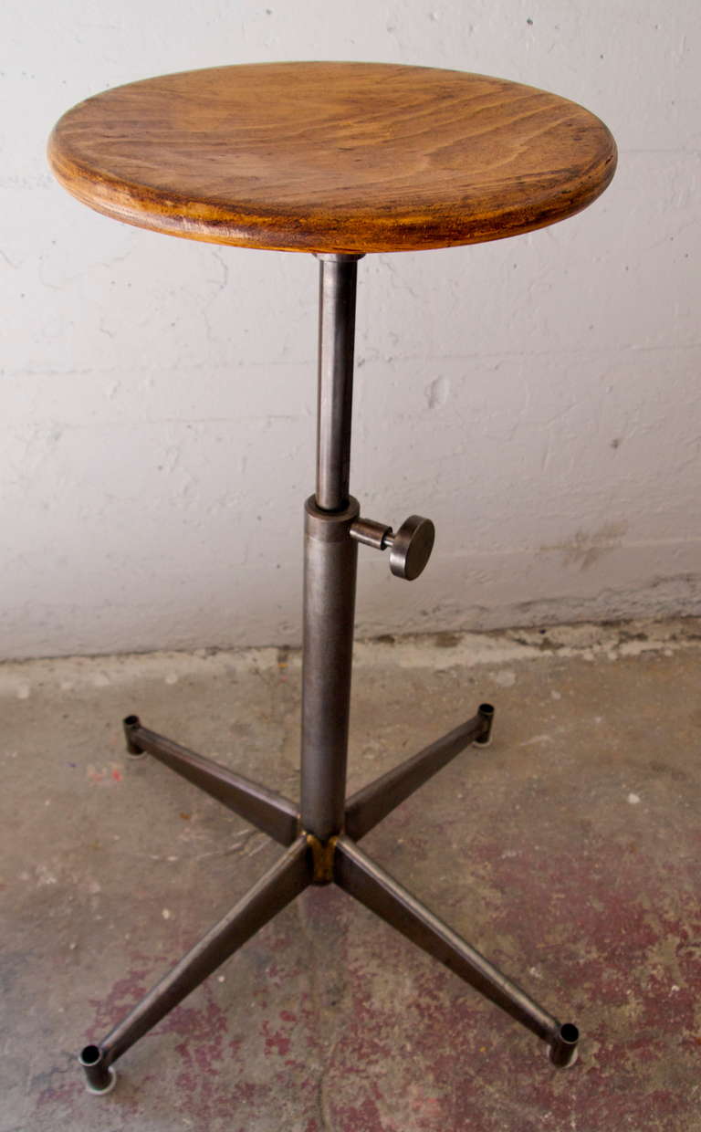 Mid century industrial stool with adjustable height & swivel top wood seat