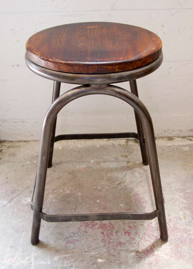 Mid-Century French Industrial metal & wood factory stool