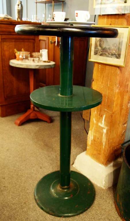 Green painted cast iron Bar/Bistro pedestal table with middle shelf and Bakelite top -  manufactured by Fishel