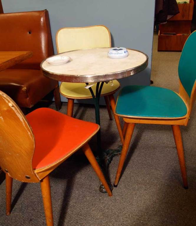Colorful set of 6 mid-century vinyl upholstered plywood shaped chairs