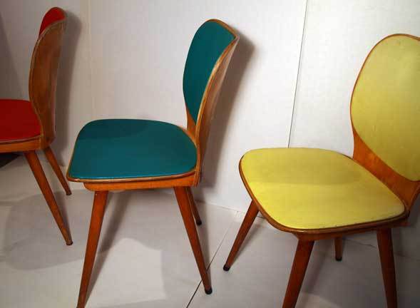 French Set of 6 mid-century colorful chairs