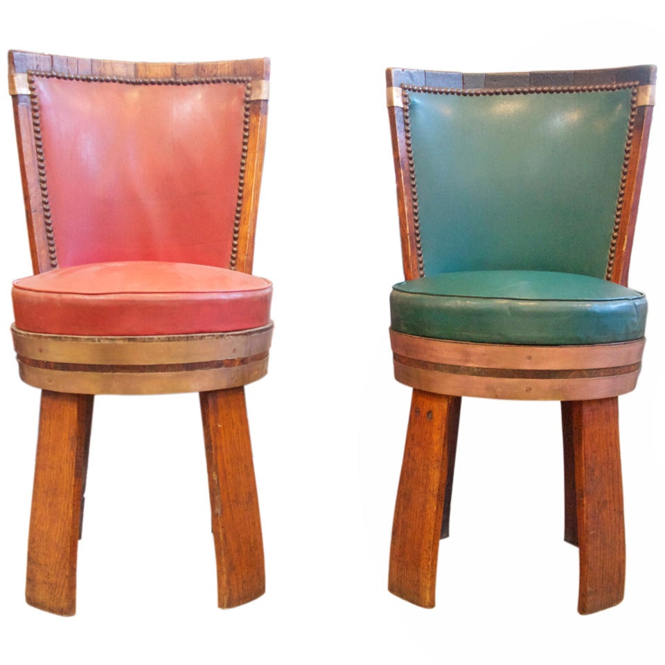 French Oakwood Upholstered  Wine Barrel Chairs