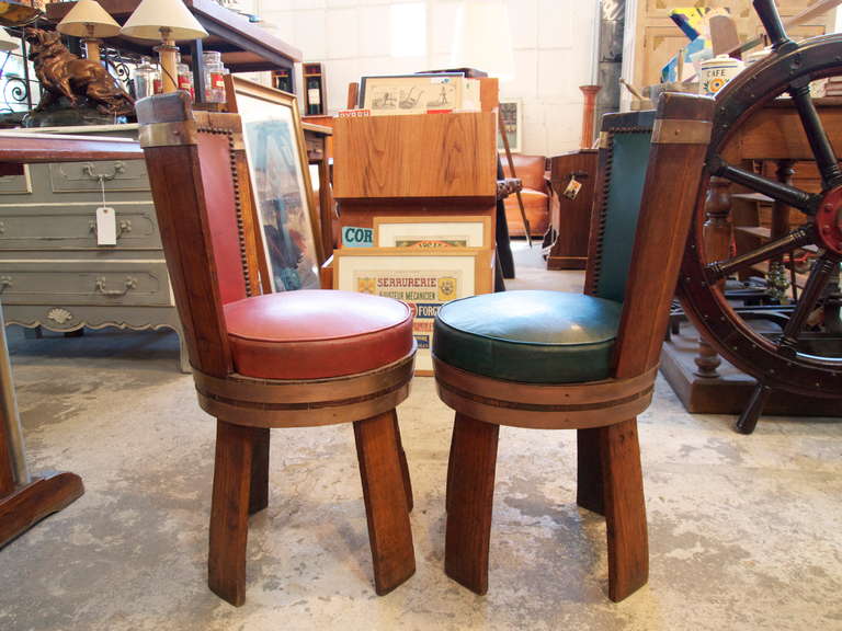 French Oakwood Upholstered  Wine Barrel Chairs 2