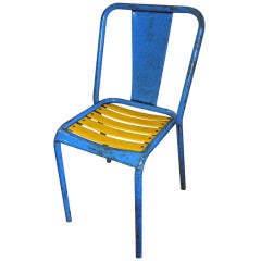 French blue and yellow painted metal bistro chairs by Tolix