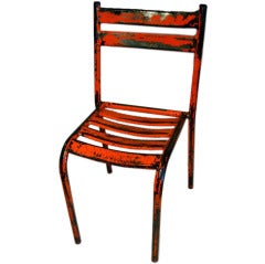 Pair of French Industrial Orange & Red Metal Bistro Chairs
