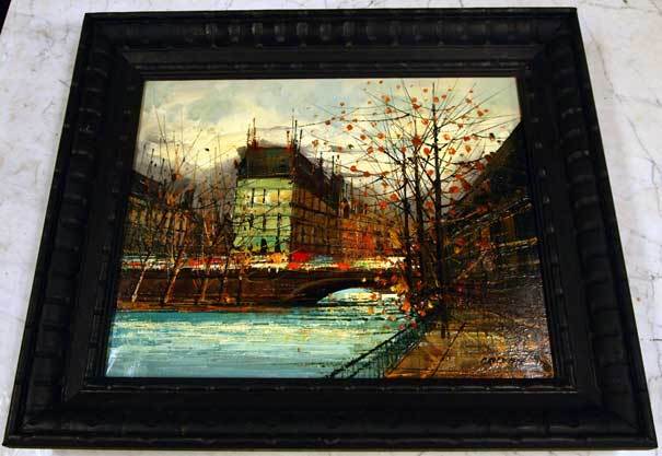 Early 60's framed tourist painting of an Autumn Paris scene by M.S.L. Calvan.  
Calvan was born in Frankfurt, educated in Rome & resided in Paris.