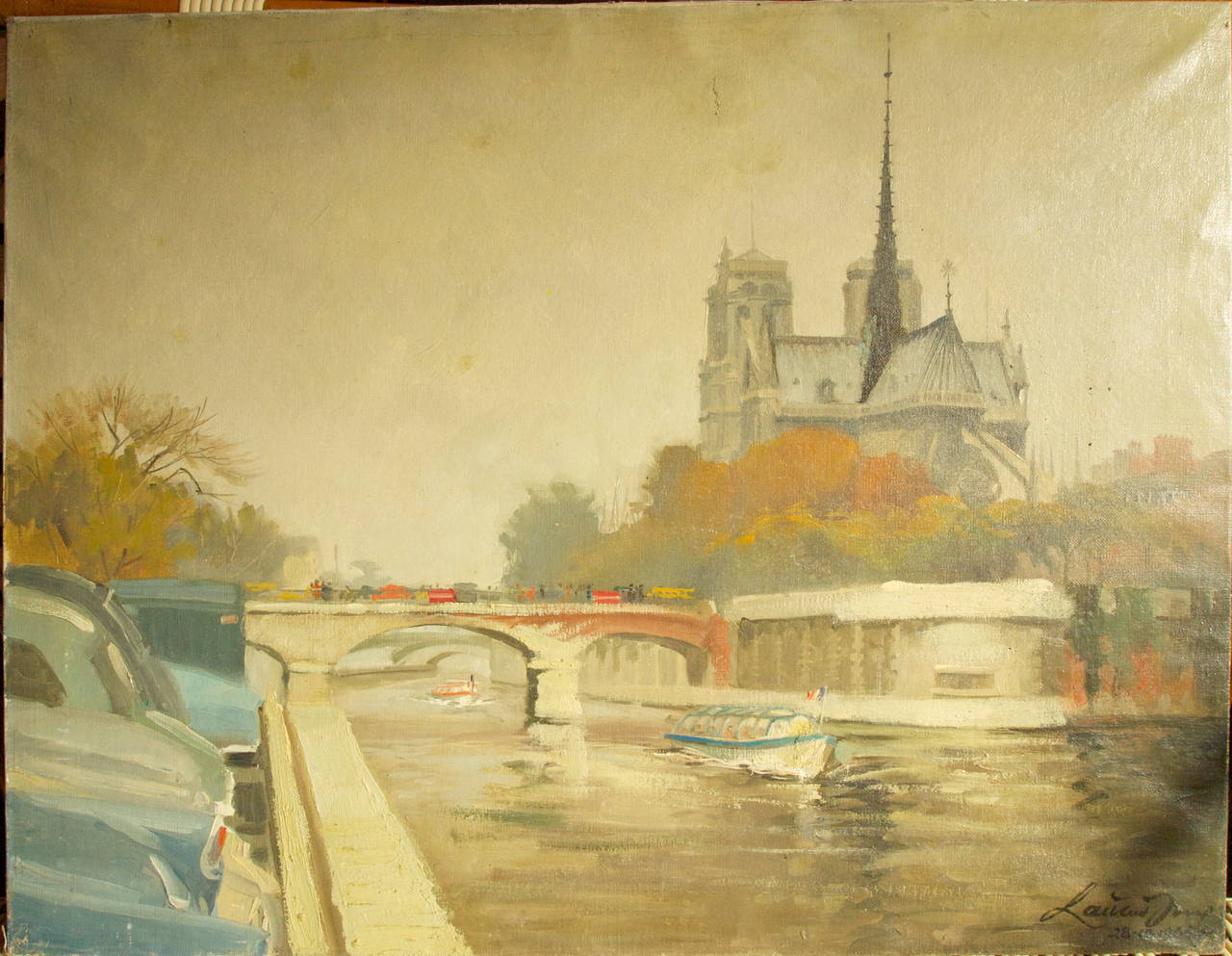 Charming and painterly oil on canvas tourist painting of a scene of 'Ile de la Cite' with Notre-Dame, signed and dated LR:1964. Unframed.