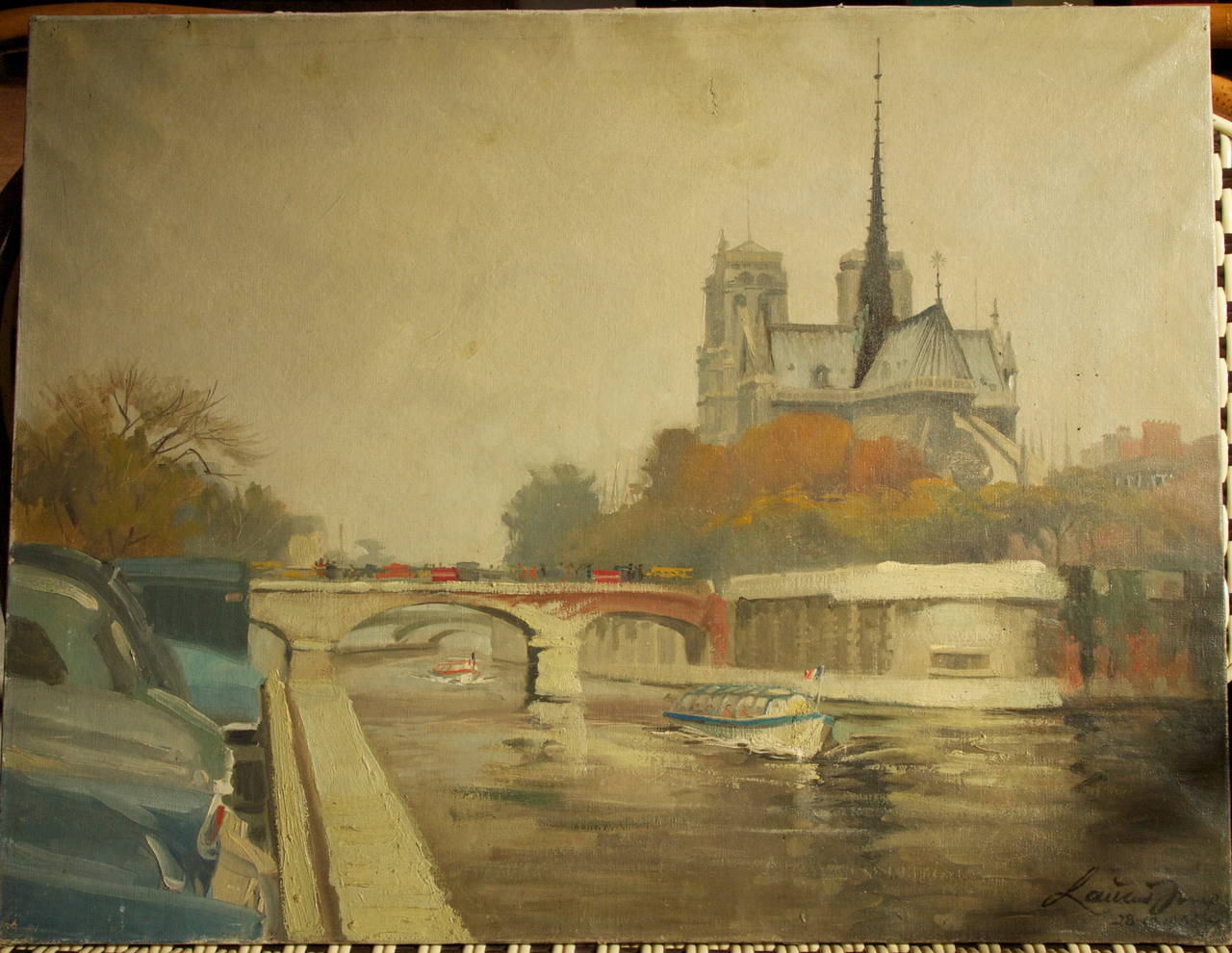 20th Century Vintage Tourist Painting of Notre-Dame