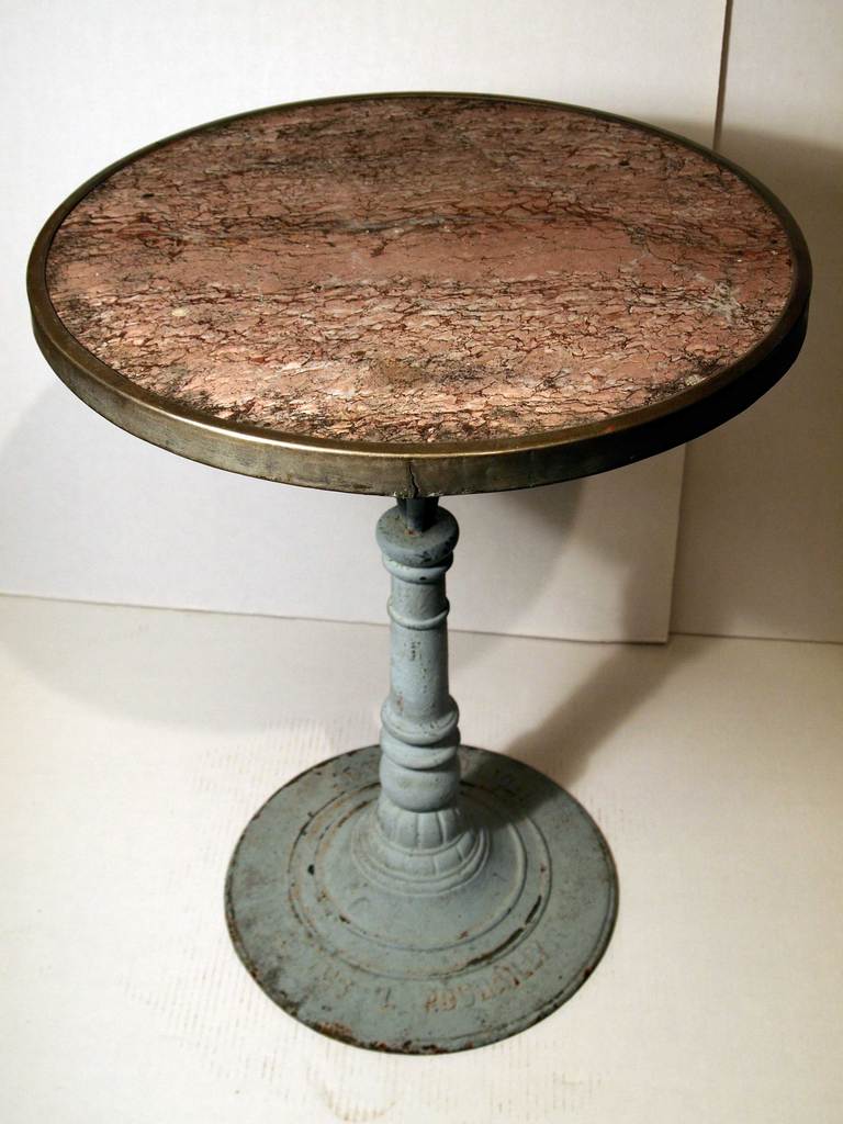 Marble top & painted cast iron pedestal base gueridon bistro table made in Lyon, France
