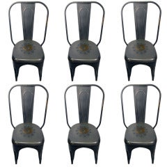 Set Of 6 French Mid Century Industrial Metal Chairs