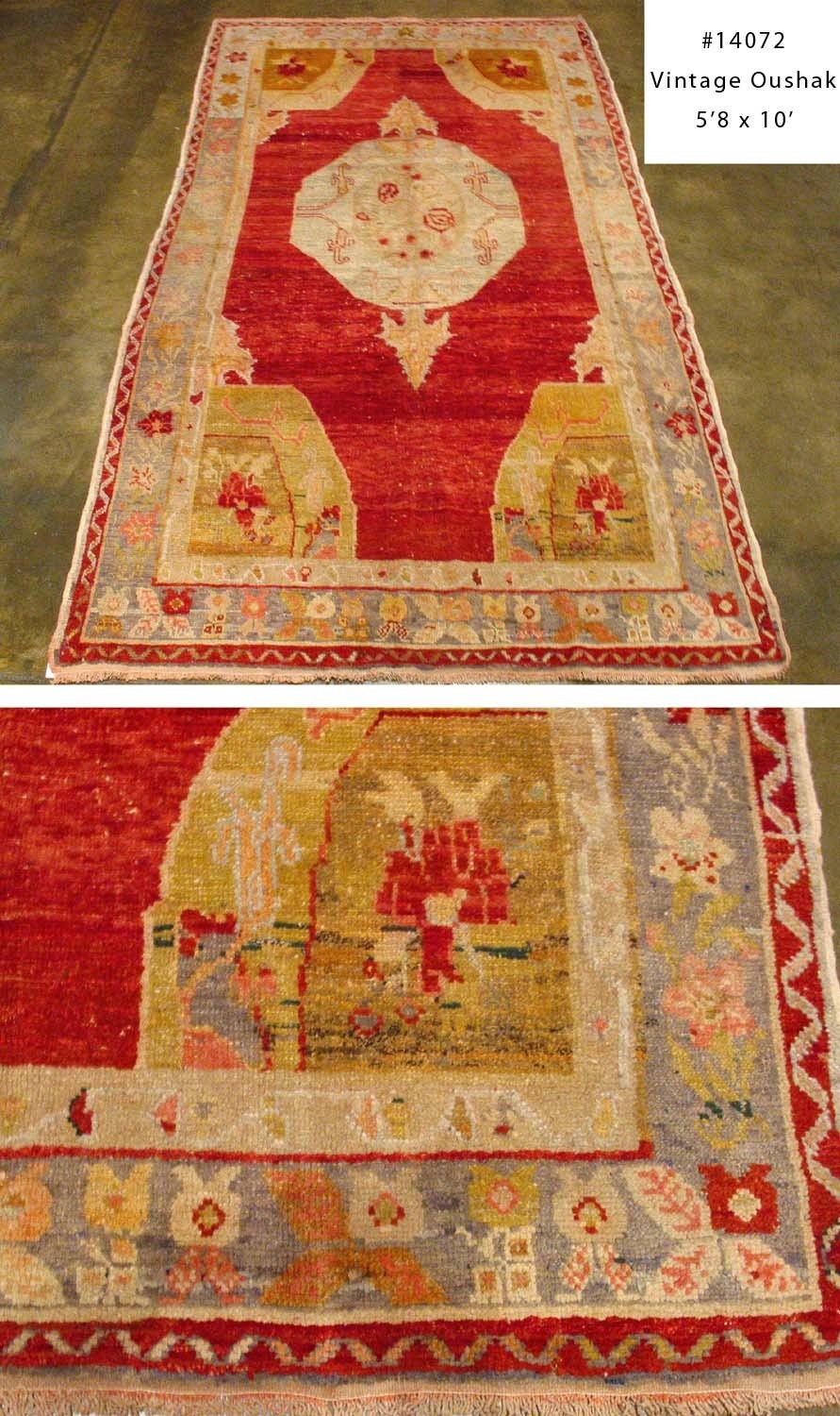 A colorful yet restrained Oushak vintage rug. Red, gold, grey, orange, yellow and cream predominate. A border of floral displays encloses oblong, layered quarter panels and a scalloped medallion in an open field.