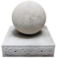 PAIR ROUND HAND CARVED STONE BALL ON A STONE SQUARE BASE