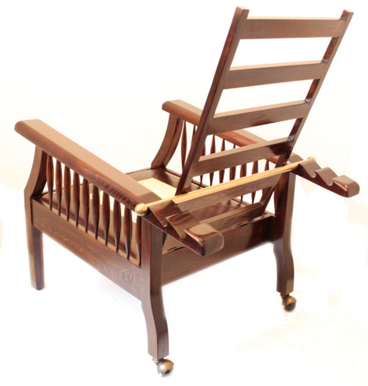 Late 20th Century Pair Morris Style Recliner Arms Chairs On Back Casters Wheels