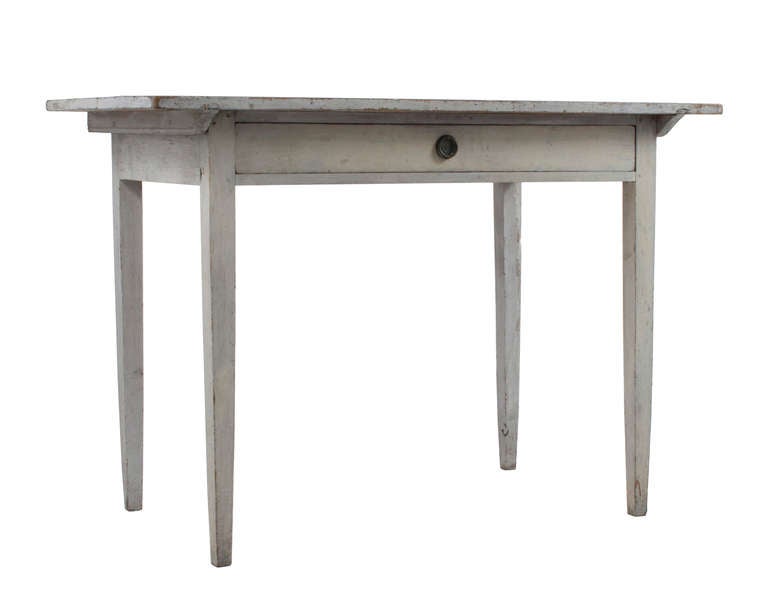 Gustavian Ladies Desk with one drawer in a worn pale grey patina.