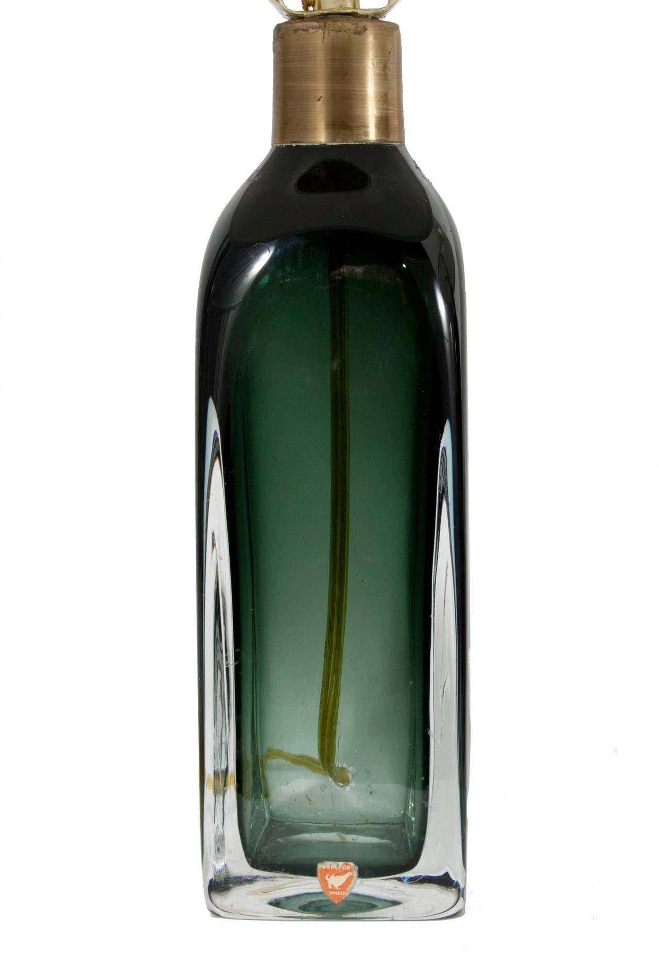 Pair of green table lamps by Carl Fagerlund, made for Orrefors in the Graal manner where one layer of colored glass is encased in another layer of colorless transparent glass.