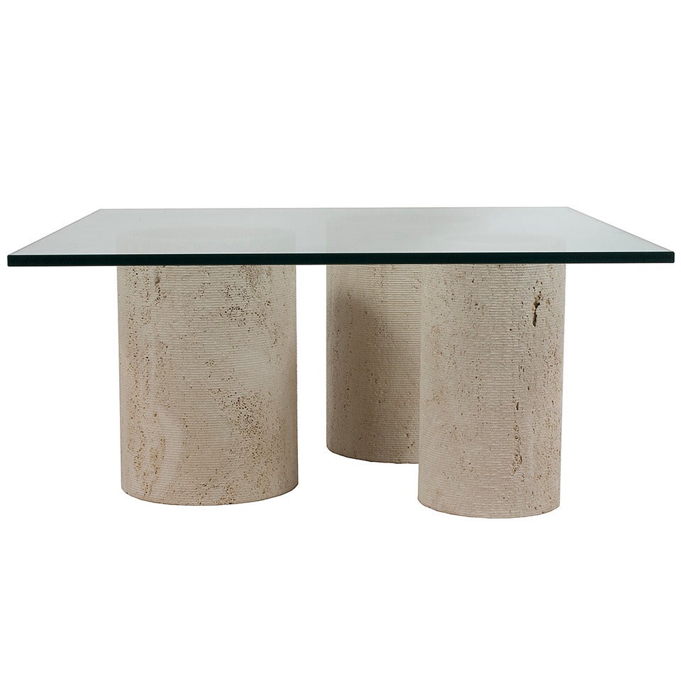 Glass and Travertine Coffee Table For Sale