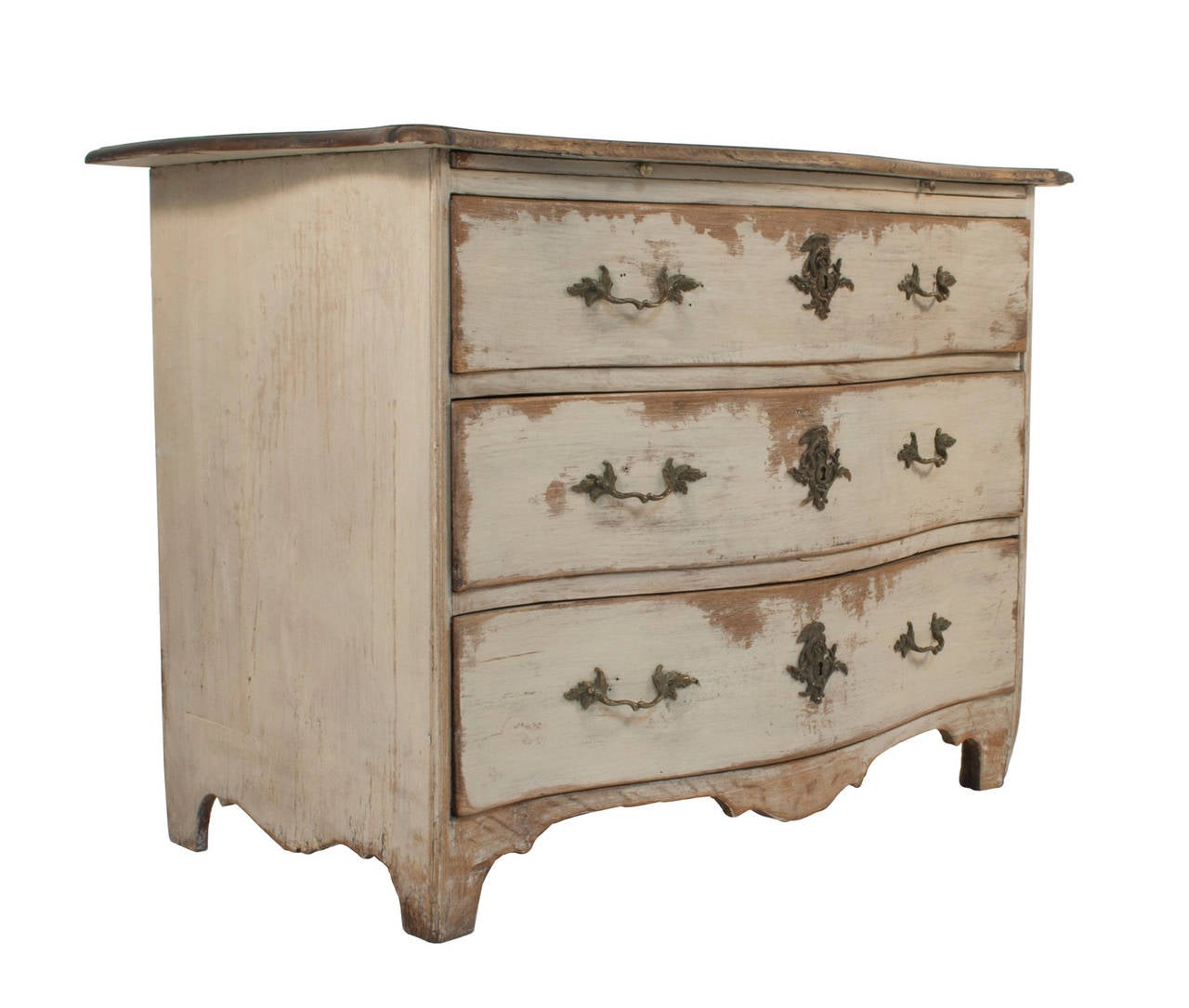 Three-drawer Baroque chest in a worn grey and black patina.