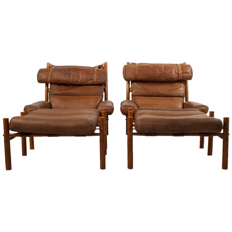 Swedish Pair of Leather Lounge Chairs by Arne Norell