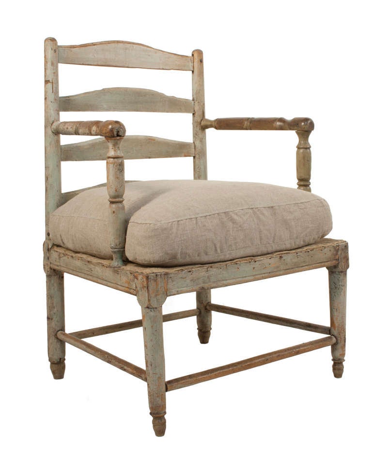 Early Gustavian Gripsholm Chair in a warn pale green patina.