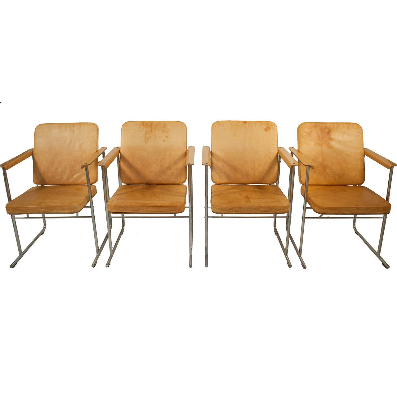 Mid-Century Modern Set of Four Leather and Steel Armchairs