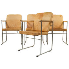 Set of Four Leather and Steel Armchairs